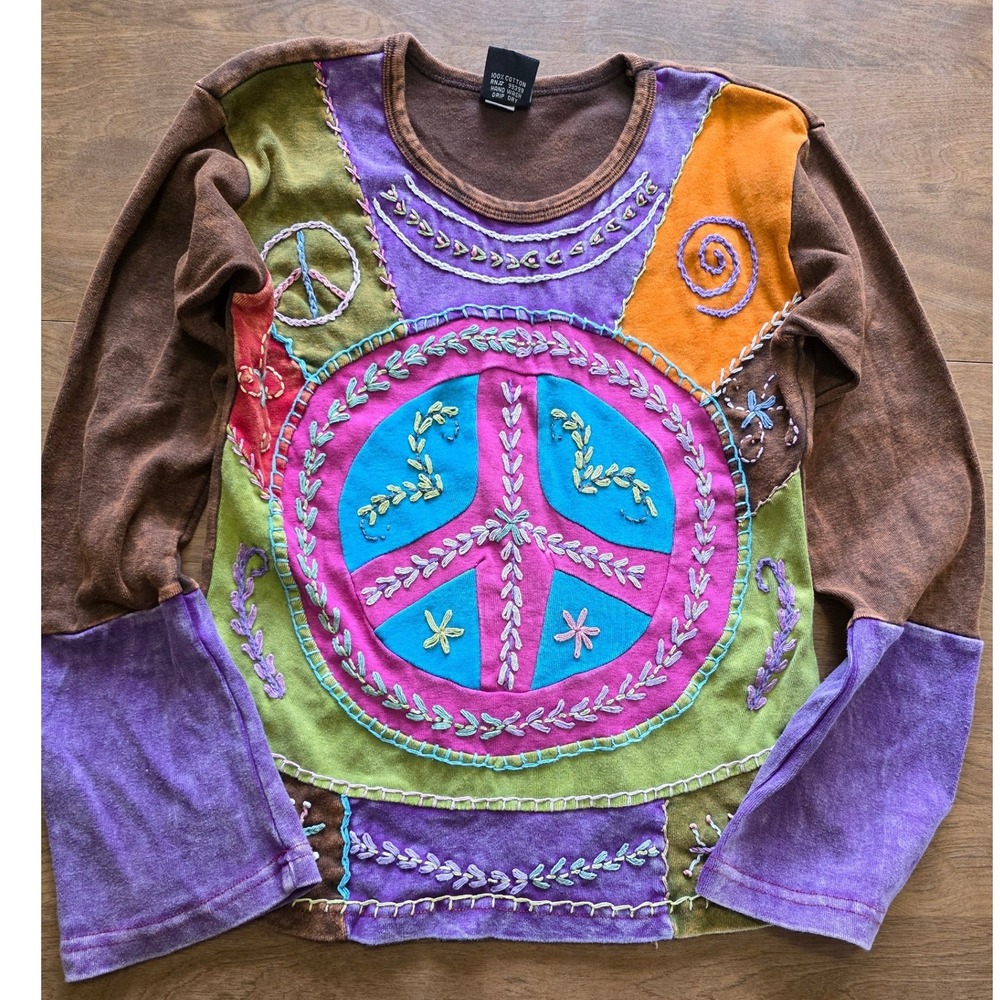 Shop Therapy Patchwork Peace Sign Embroidered Long Sleeve Top Brown Purple L/XL
